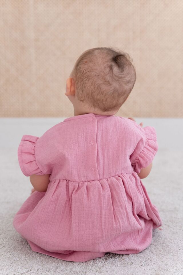 %100 Pamuk Müslin Bebek Zıbın Elbise 12-18 AY - Ekru