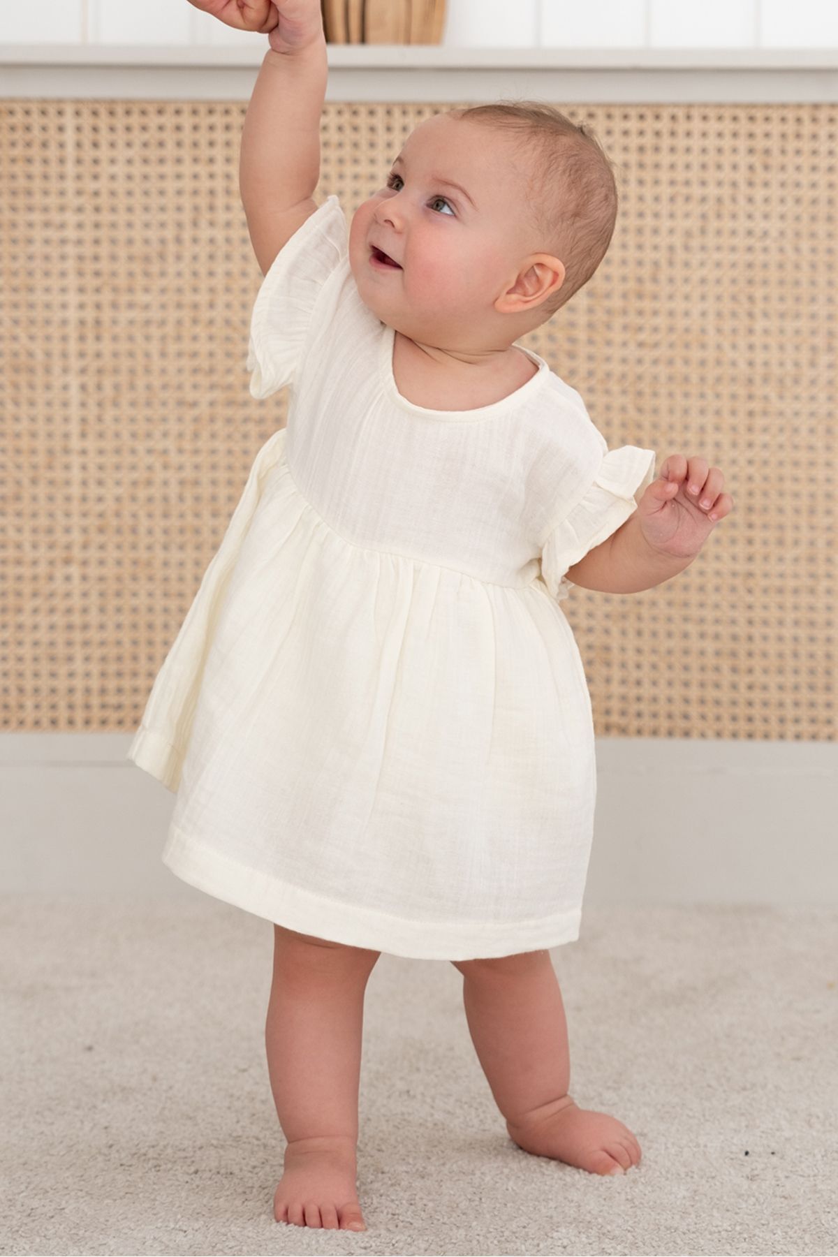 %100 Pamuk Müslin Bebek Zıbın Elbise 12-18 AY - Ekru