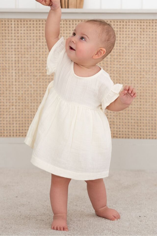 %100 Pamuk Müslin Bebek Zıbın Elbise 12-18 AY - Ekru