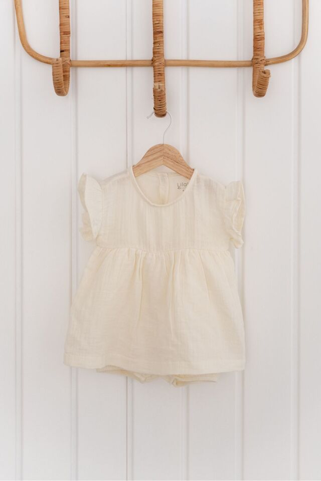 %100 Pamuk Müslin Bebek Zıbın Elbise 12-18 AY - Ekru