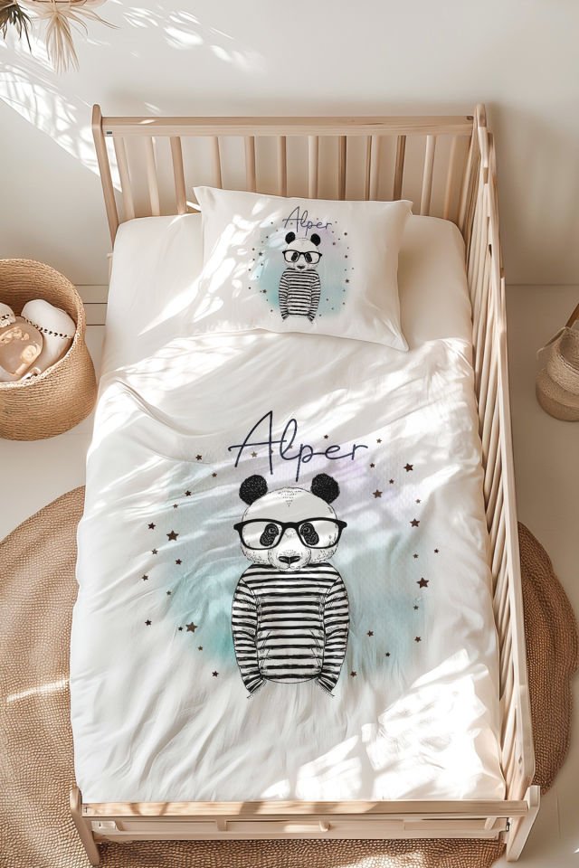 %100 Pamuk İsme Özel Montessori Yatak Nevresim Takımı (100x200 cm) Panda