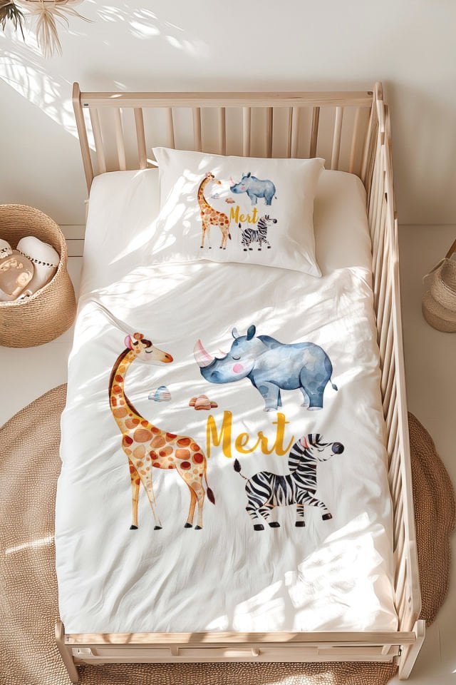 %100 Pamuk İsme Özel Montessori Yatak Nevresim Takımı (100x200 cm) Safari