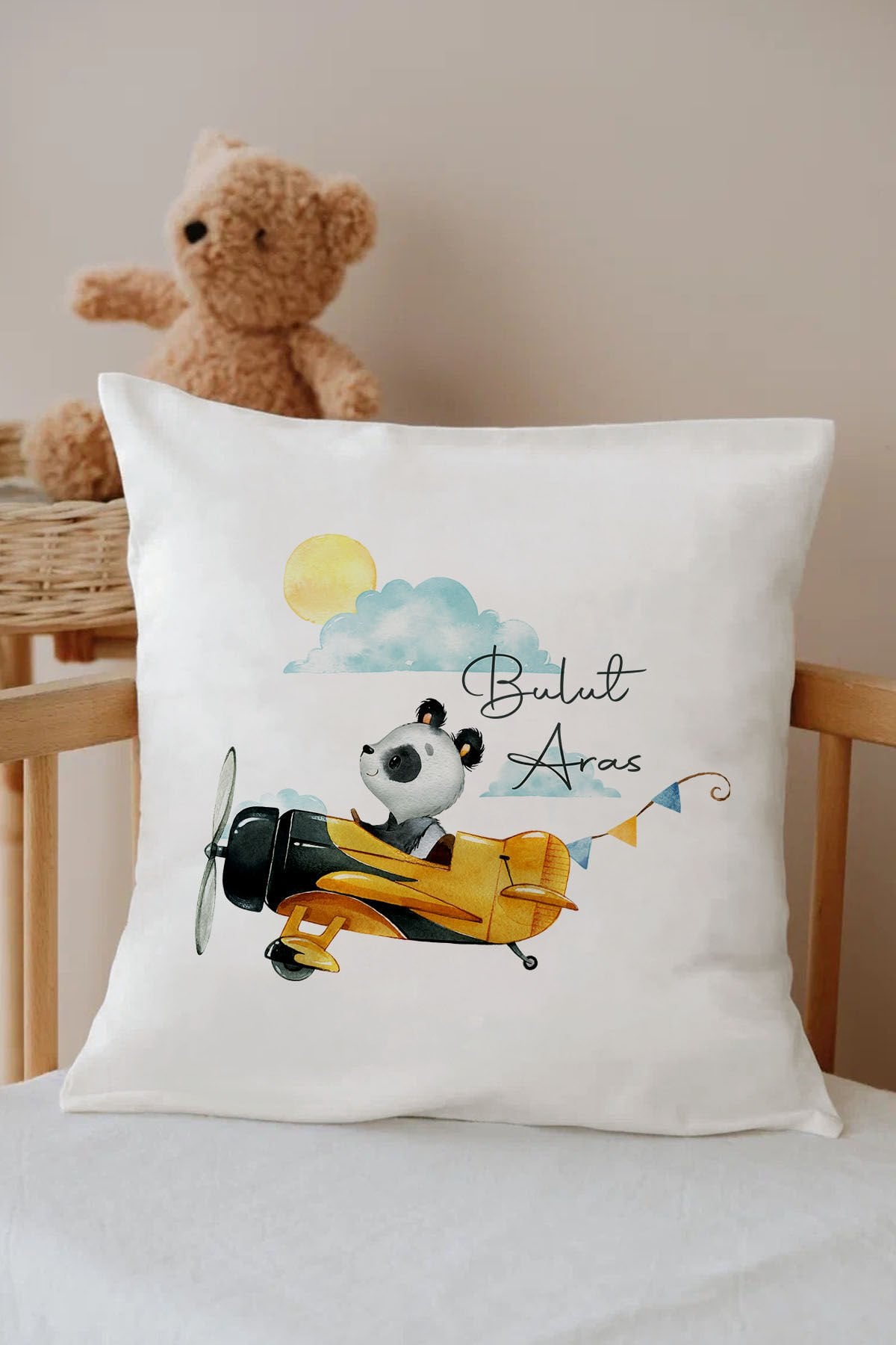İsme Özel %100 Pamuk Çocuk Odası Kırlent-uçaklı panda