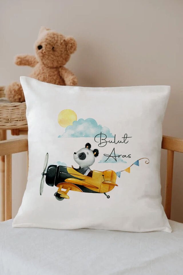 İsme Özel %100 Pamuk Çocuk Odası Kırlent-uçaklı panda