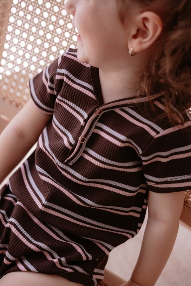 Çizgili Önden Düğmeli Kısa Kollu Bebek Body Kahverengi
