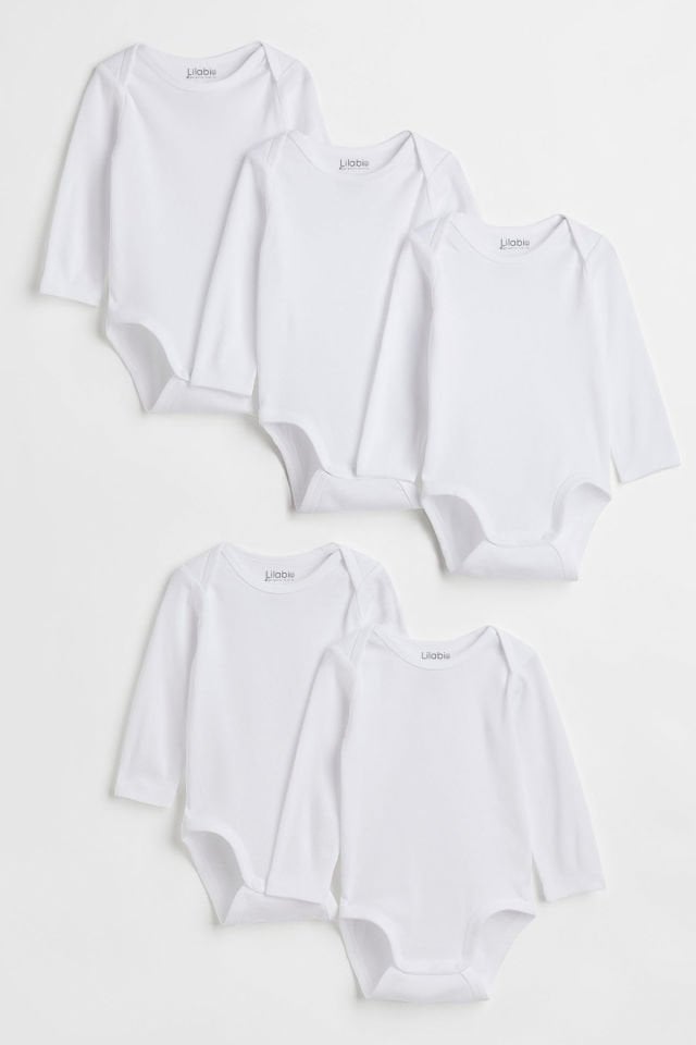 %100 Organik Pamuk 5li Beyaz Uzun Kollu Bebek Body Beyaz - 3-6 AY