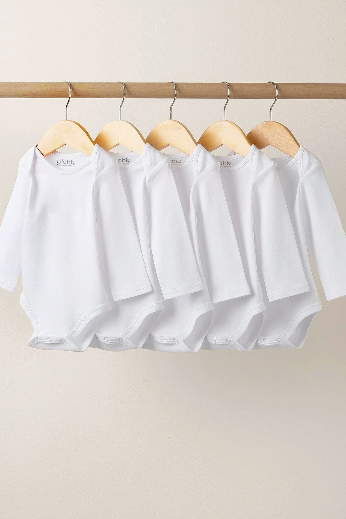 %100 Organik Pamuk 5li Beyaz Uzun Kollu Bebek Body Beyaz - 12-18 AY
