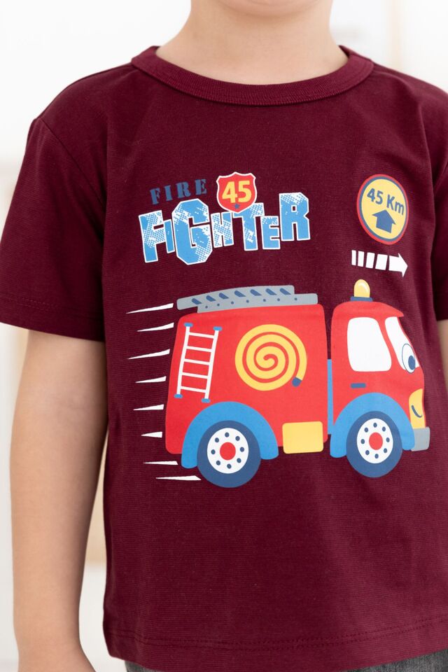 %100 Pamuk Erkek Çocuk Regular Kısa Kollu Desenli T-shirt 4 YAŞ - Bordo
