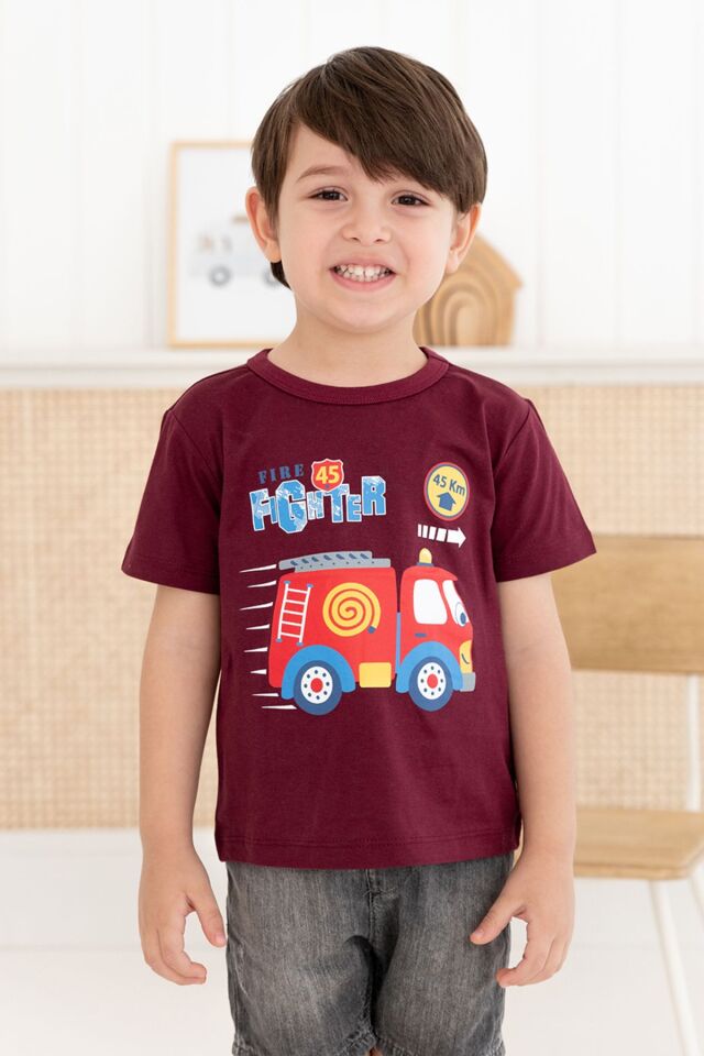 %100 Pamuk Erkek Çocuk Regular Kısa Kollu Desenli T-shirt 4 YAŞ - Bordo