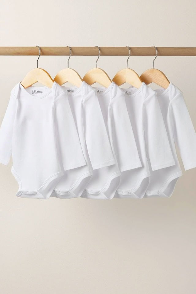%100 Organik Pamuk 5li Beyaz Uzun Kollu Bebek Body Beyaz - Yeni Doğan