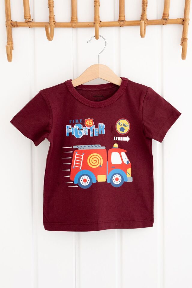 %100 Pamuk Erkek Çocuk Regular Kısa Kollu Desenli T-shirt 6 YAŞ  - Bordo