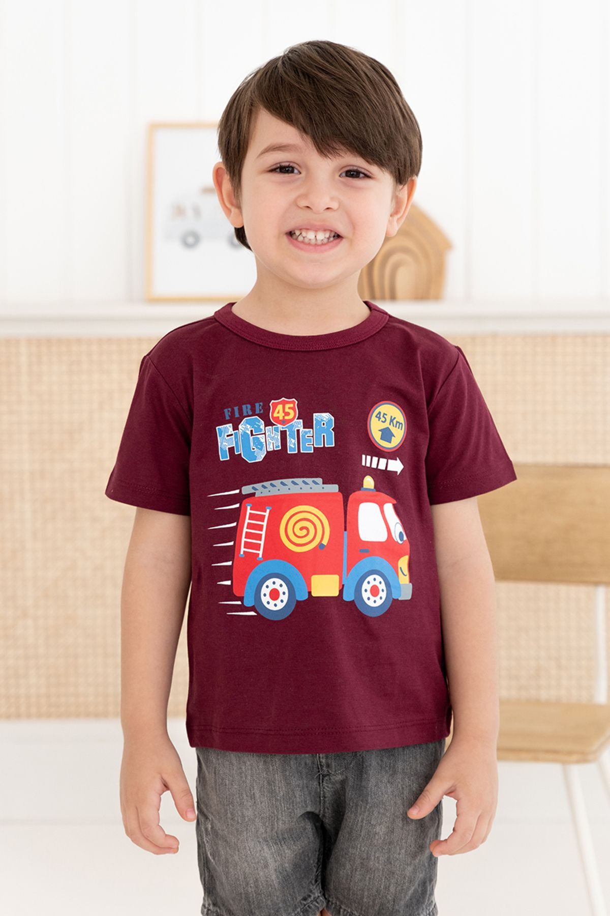 %100 Pamuk Erkek Çocuk Regular Kısa Kollu Desenli T-shirt 6 YAŞ  - Bordo