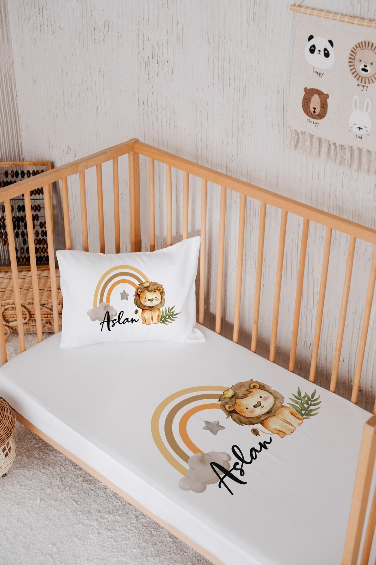 %100 Pamuk İsme Özel Park Yatak Çarşaf Seti (120x180) Aslan