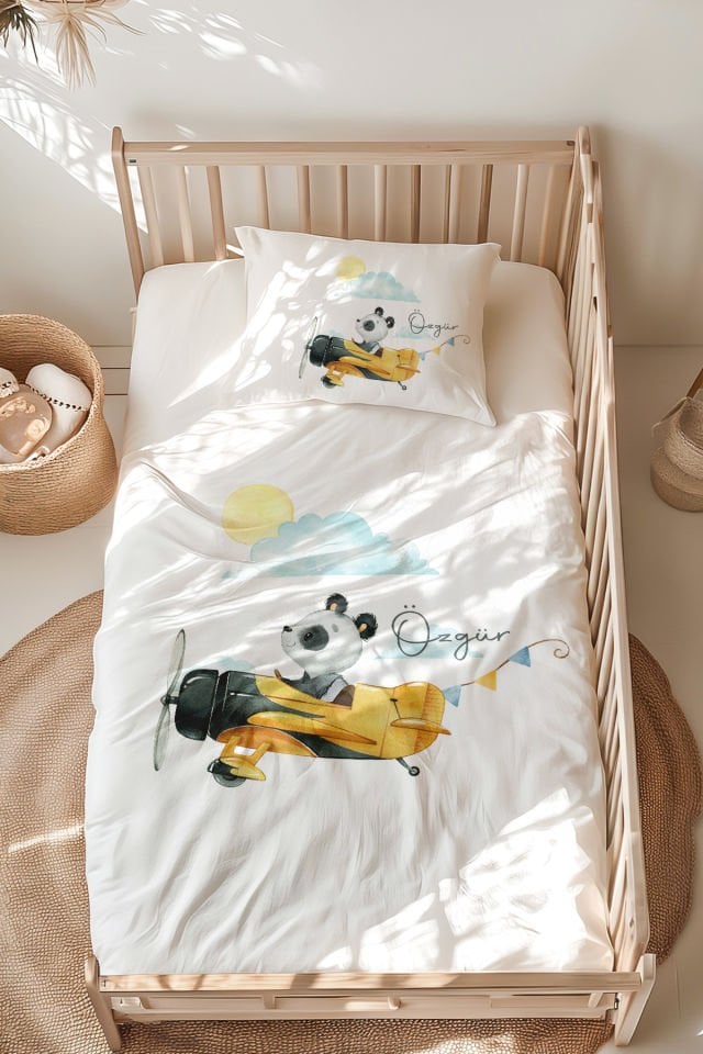 İsme Özel Montessori Yatak Nevresim Takımı (100x200 cm) Panda