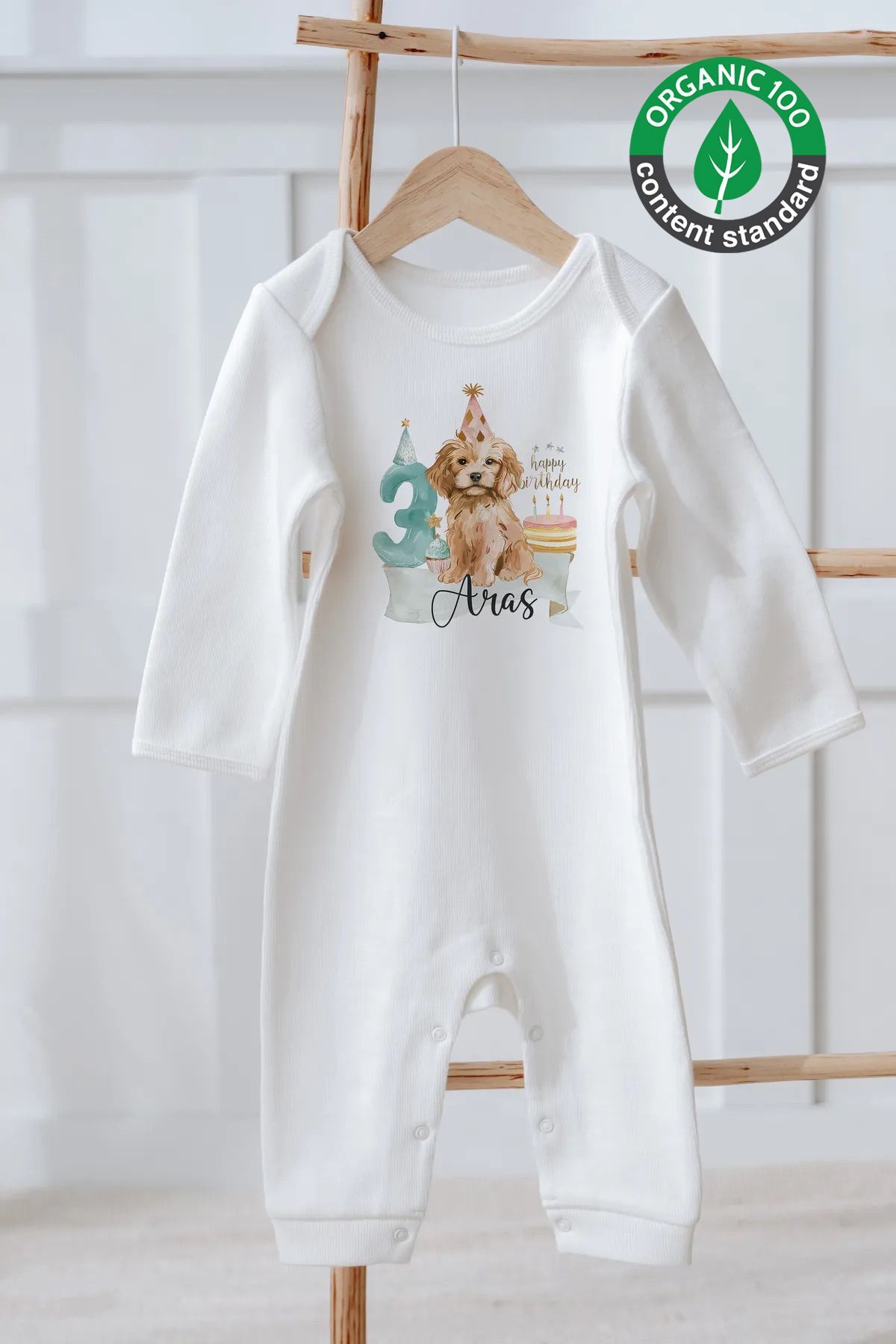 %100 Pamuk İsme Özel İsimli Doğum Günü Bebek Tulum 3 Yaş Köpek