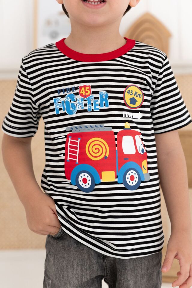 %100 Pamuk Erkek Çocuk Regular Kısa Kollu Desenli T-shirt 3 YAŞ - Siyah