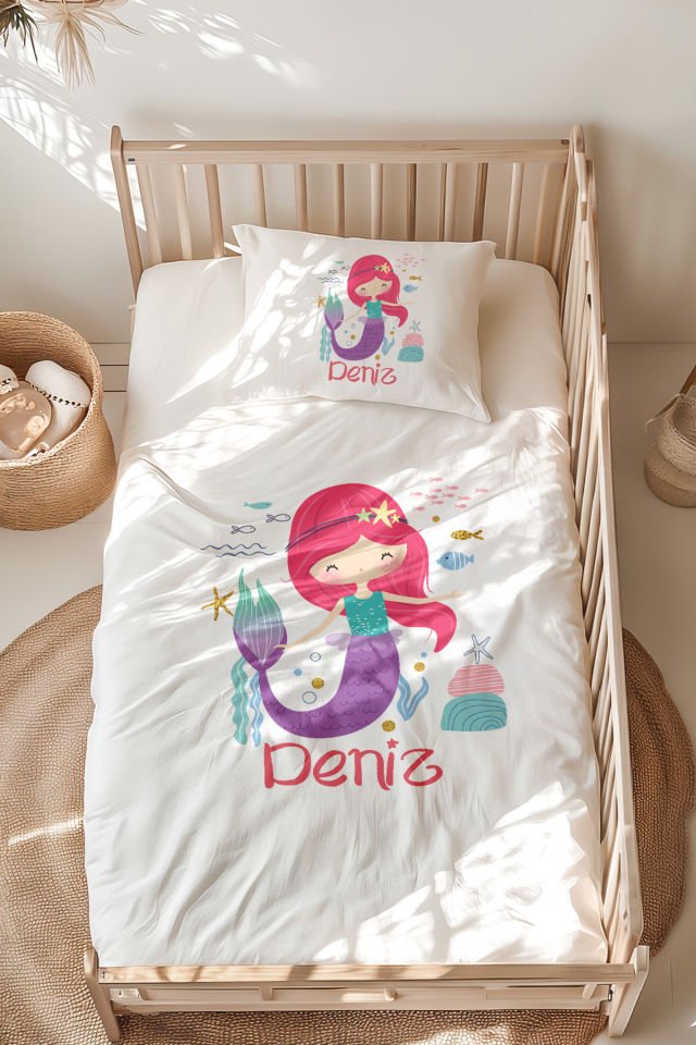 %100 Pamuk İsme Özel Montessori Yatak Nevresim Takımı (100x200 cm) Denizkızı