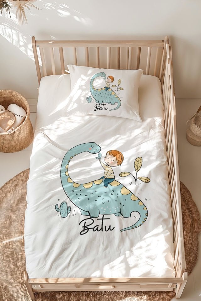 %100 Pamuk İsme Özel Montessori Yatak Nevresim Takımı (100x200 cm) Dinozor ve Çocuk