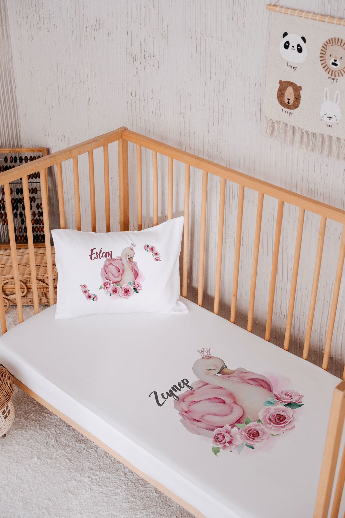 %100 Pamuk İsme Özel Park Yatak Çarşaf Seti (120x180) Kuğu