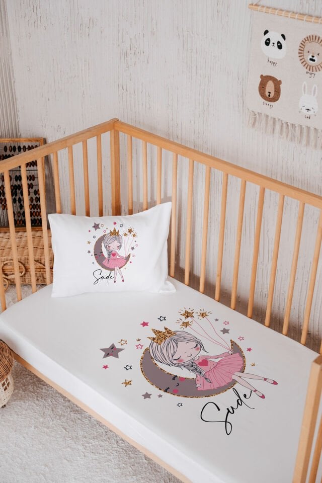 %100 Pamuk İsme Özel Park Yatak Çarşaf Seti (120x180) Prenses