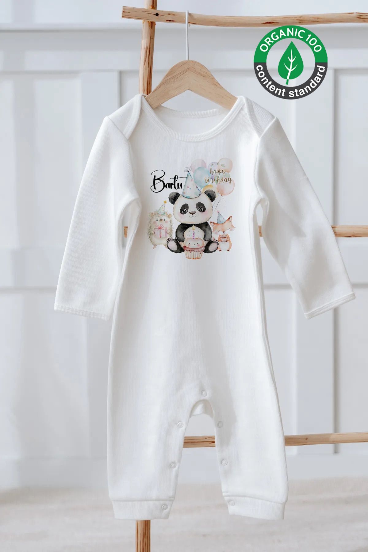 %100 Pamuk İsme Özel İsimli Doğum Günü Bebek Tulum Panda