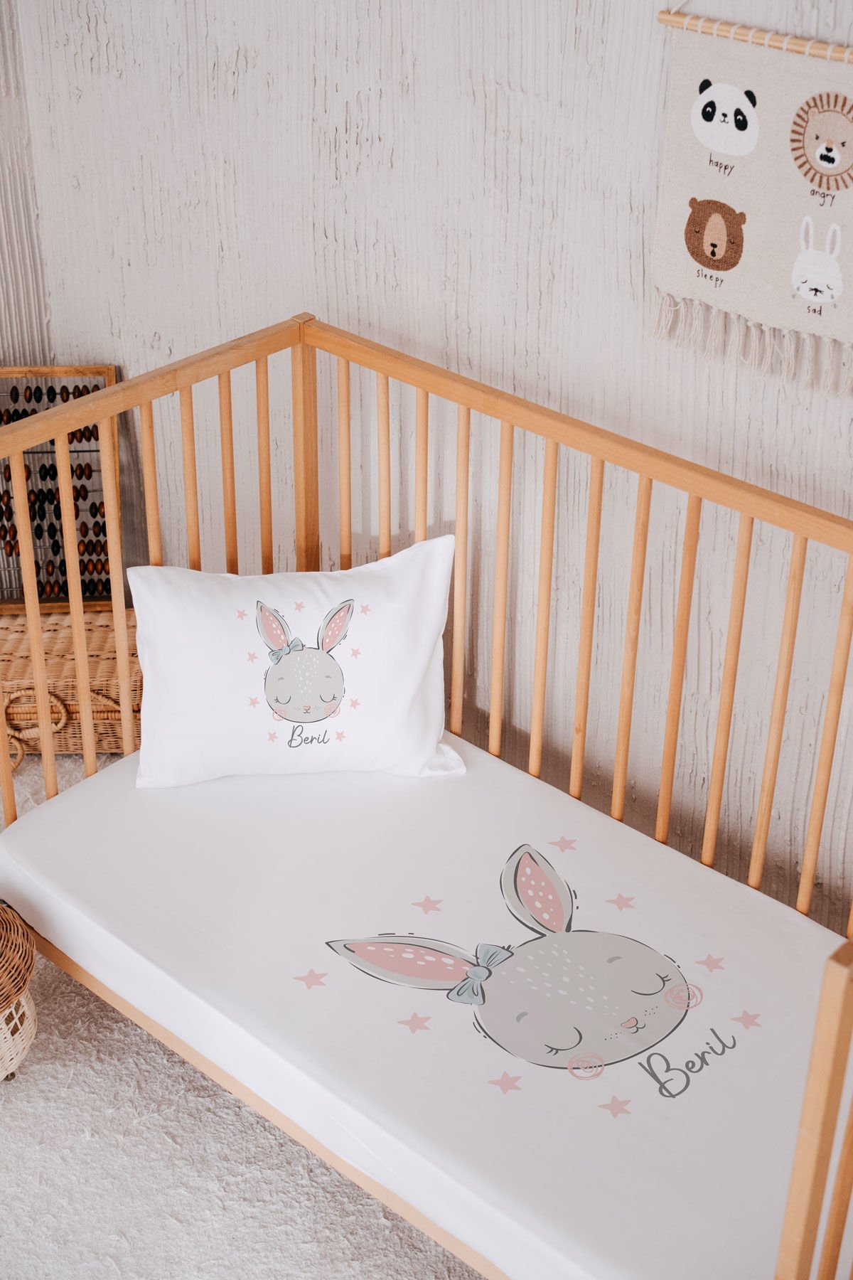 %100 Pamuk İsme Özel Park Yatak Çarşaf Seti (120x180) Tavşan