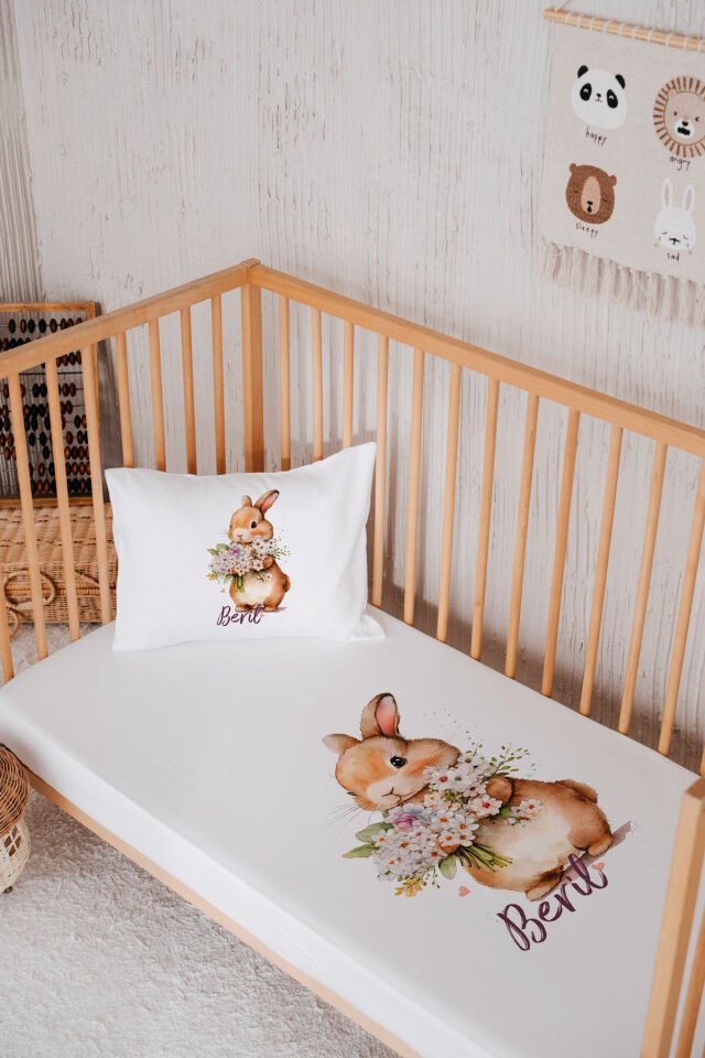 %100 Pamuk İsme Özel Park Yatak Çarşaf Seti (120x180) Tavşan