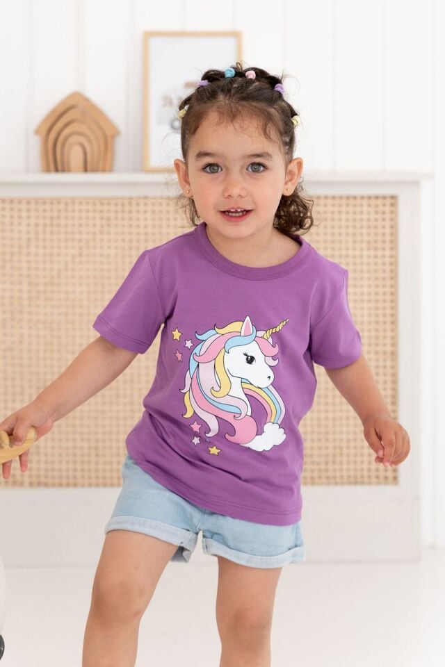 %100 Pamuk Kız Çocuk Regular Kısa Kollu Desenli T-shirt