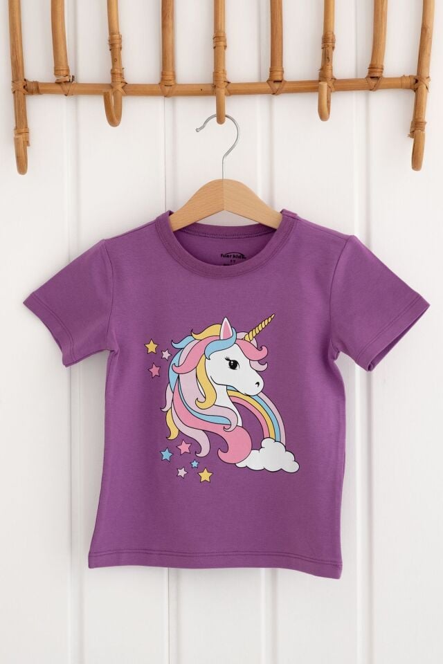 %100 Pamuk Kız Çocuk Regular Kısa Kollu Desenli T-shirt
