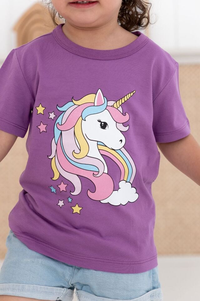 %100 Pamuk Kız Çocuk Regular Kısa Kollu Desenli T-shirt