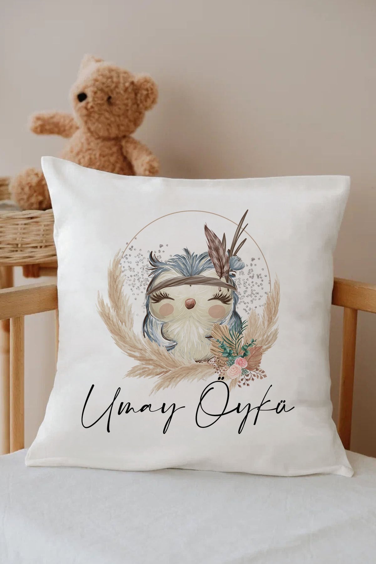 İsme Özel %100 Pamuk Çocuk Odası Kırlent Kılıfı-baykuş