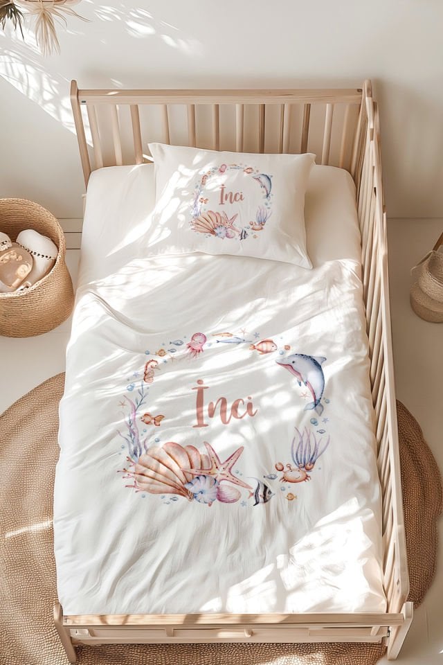 İsme Özel Montessori Yatak Nevresim Takımı (100x200 cm) Denizkabuğu