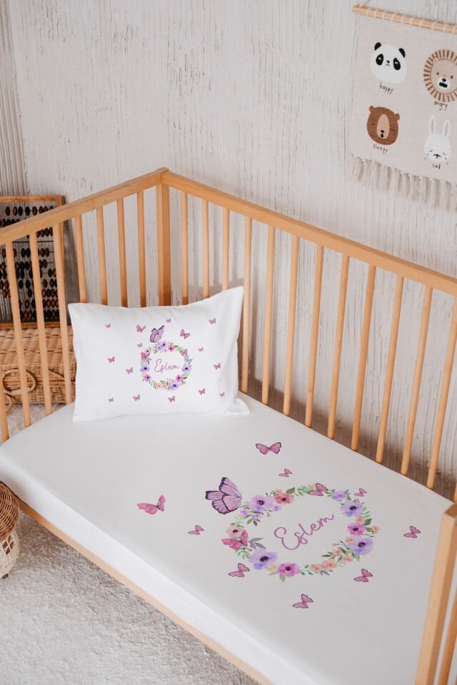 %100 Pamuk İsme Özel Park Yatak Çarşaf Seti (120x180) Kelebek