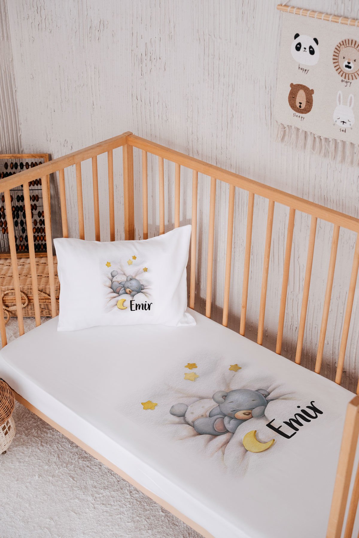 %100 Pamuk İsme Özel Park Yatak Çarşaf Seti (120x180) Gökkuşağı Ayıcık