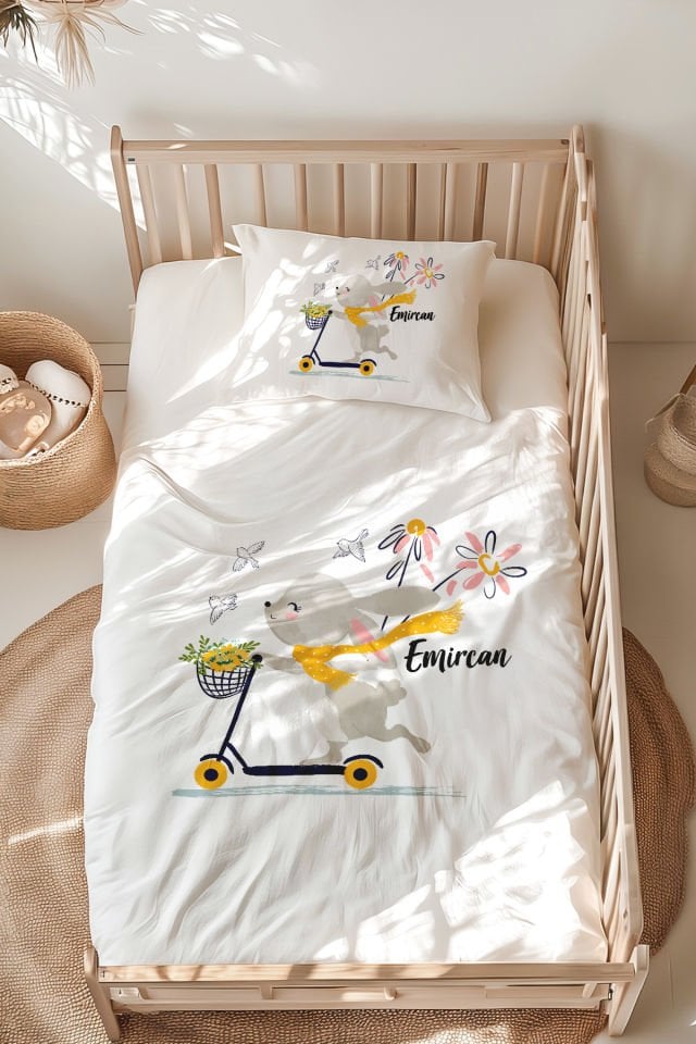İsme Özel Montessori Yatak Nevresim Takımı (100x200 cm) Tavşan
