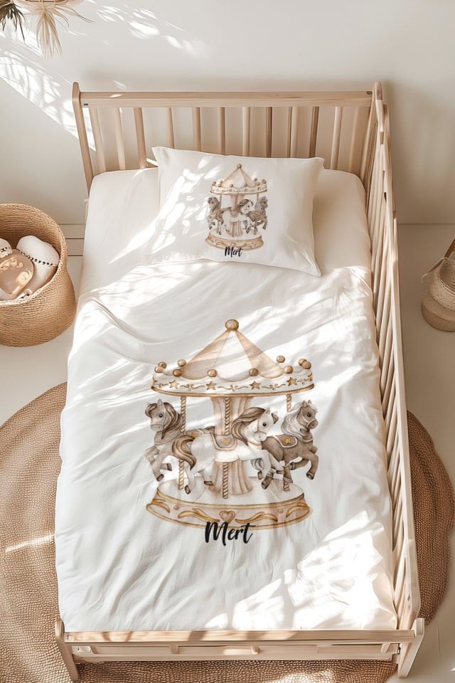 İsme Özel Montessori Yatak Nevresim Takımı (100x200 cm) Atlıkarınca