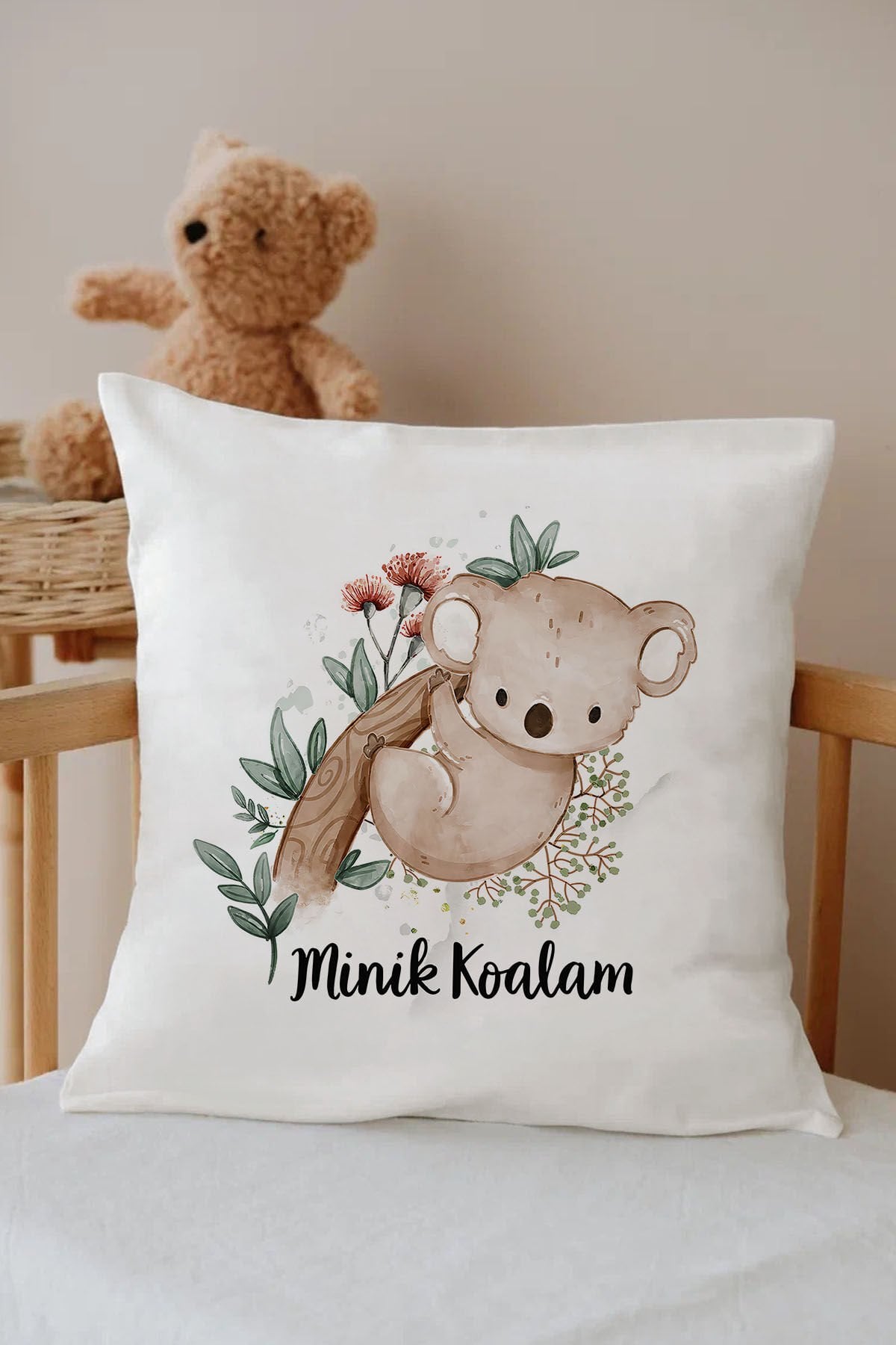 İsme Özel %100 Pamuk Çocuk Odası Kırlent Kılıfı-koala