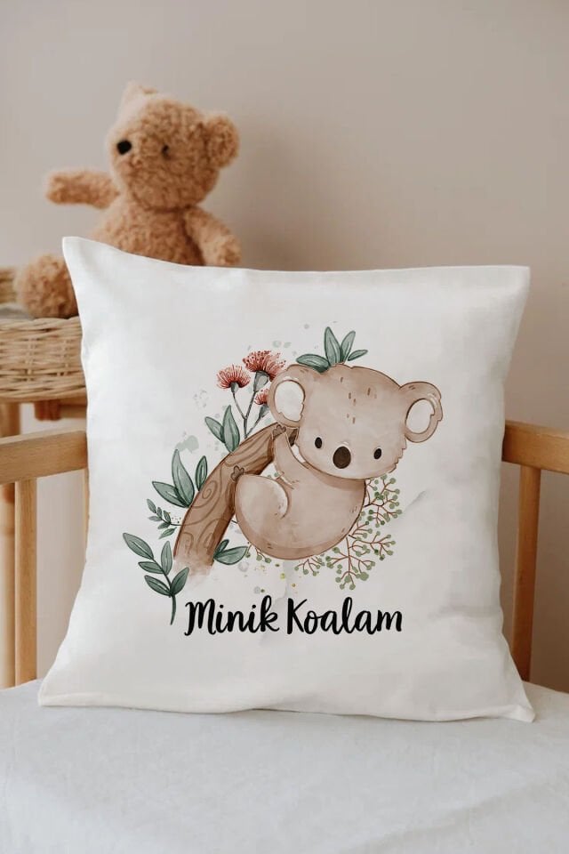 İsme Özel %100 Pamuk Çocuk Odası Kırlent Kılıfı-koala