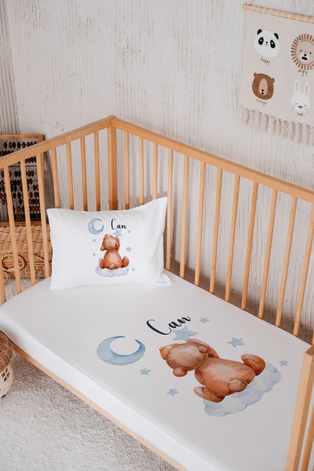 %100 Pamuk İsme Özel Park Yatak Çarşaf Seti (120x180) Ayıcık