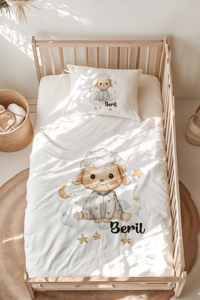 İsme Özel Montessori Yatak Nevresim Takımı (100x200 cm) Kuzu