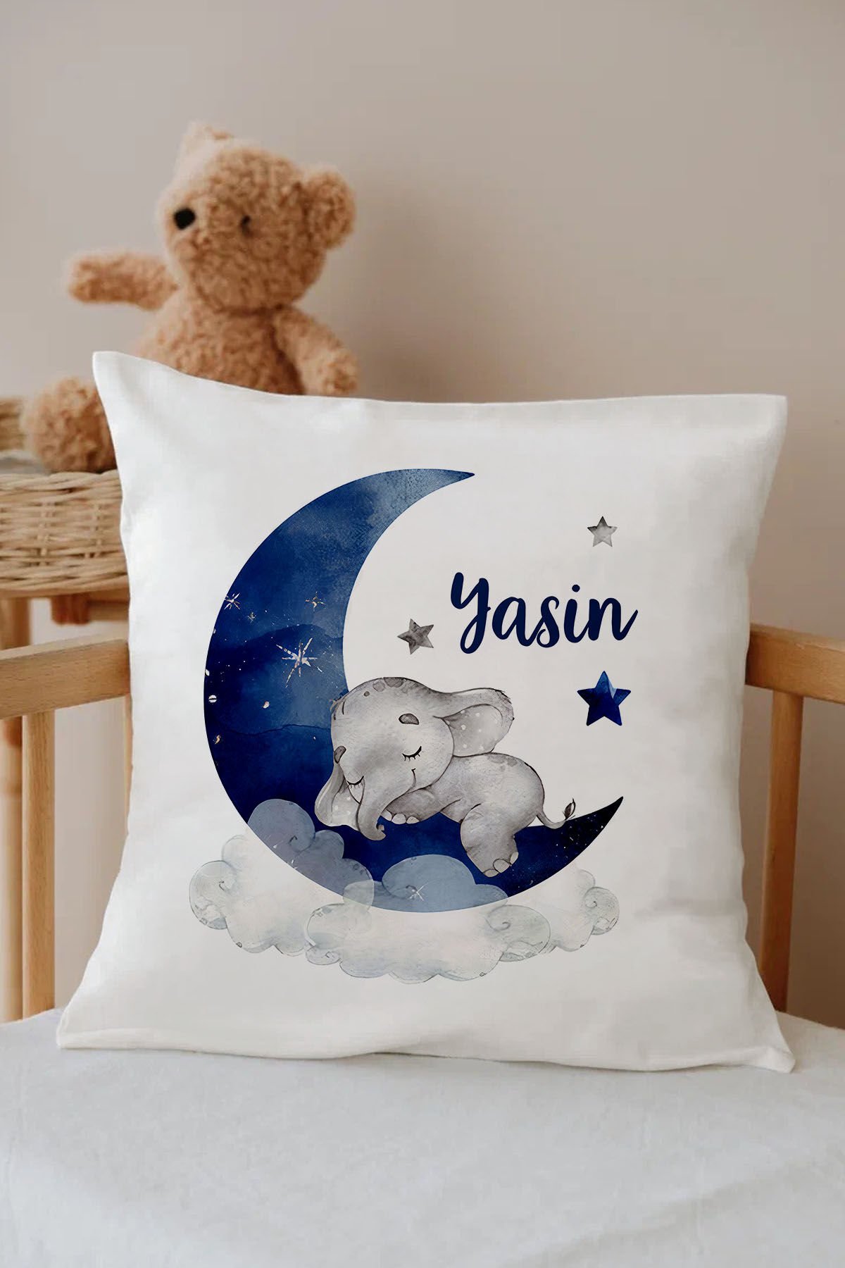 İsme Özel %100 Pamuk Çocuk Odası Kırlent Kılıfı-Mavi Ay
