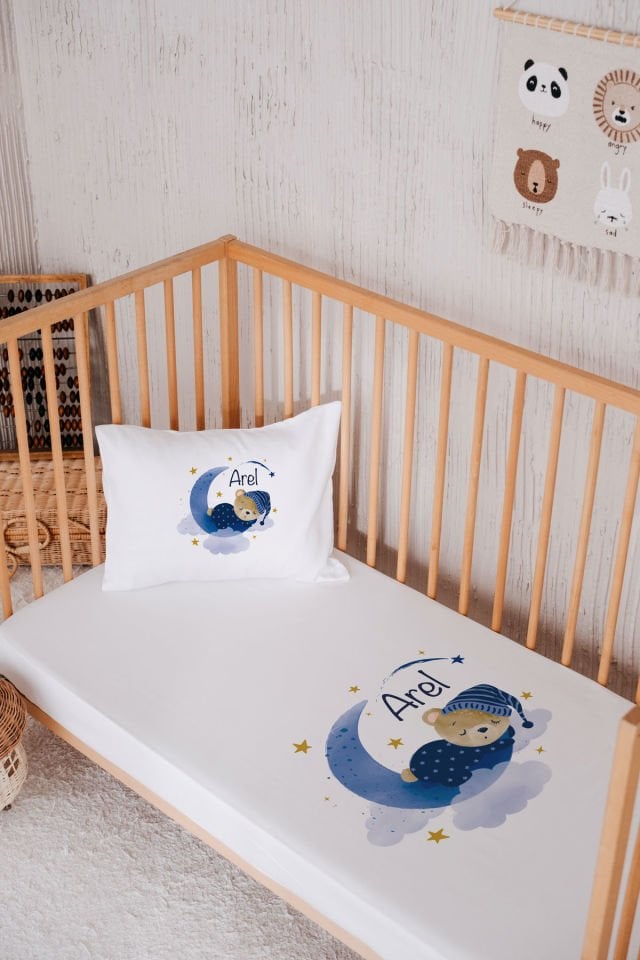 %100 Pamuk İsme Özel Park Yatak Çarşaf Seti (120x180) Ayıcık
