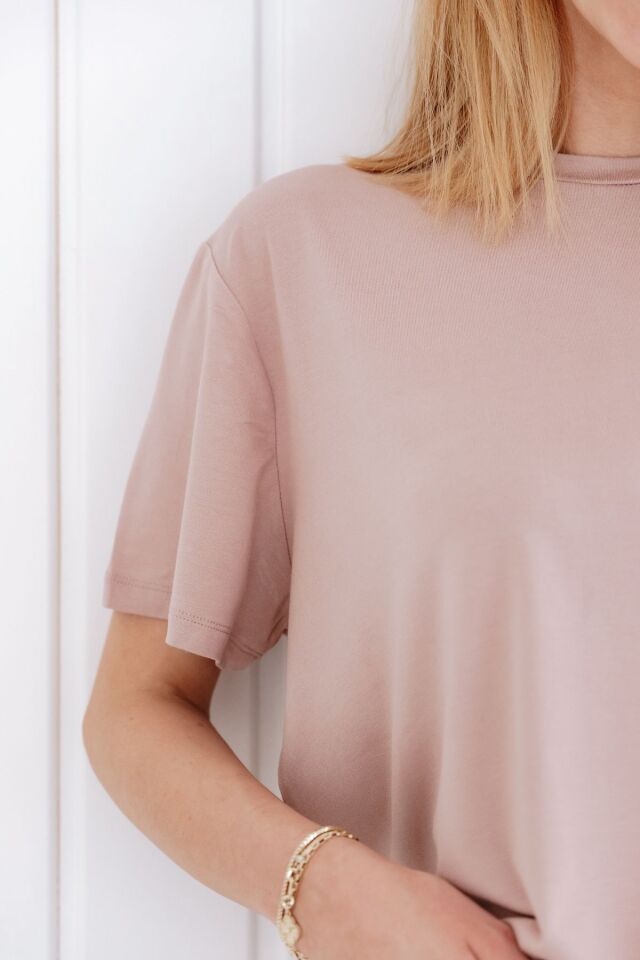 Bisiklet Yaka Loose Fit Modal T-shirt L - Pudra