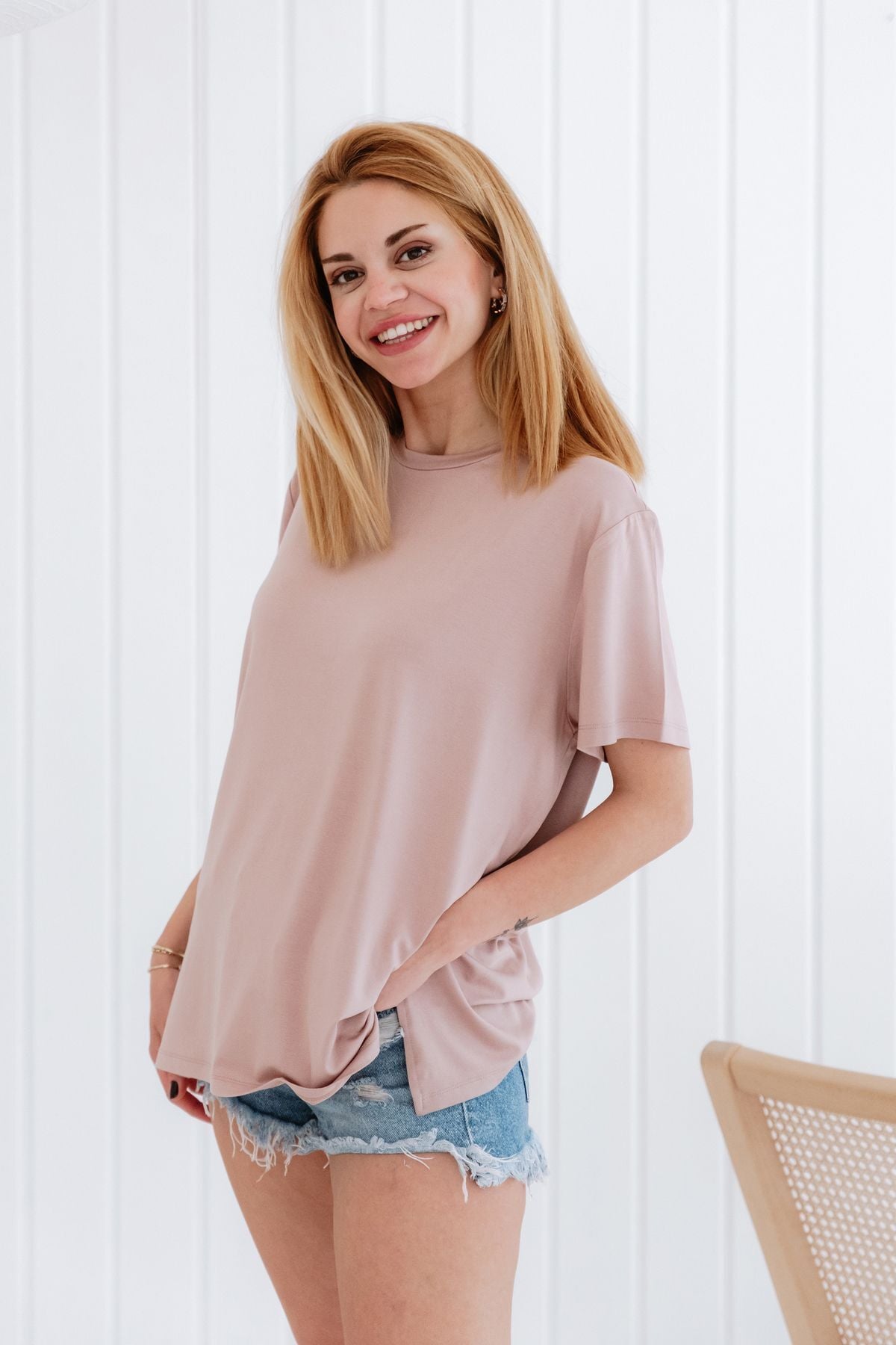 Bisiklet Yaka Loose Fit Modal T-shirt M - Pudra