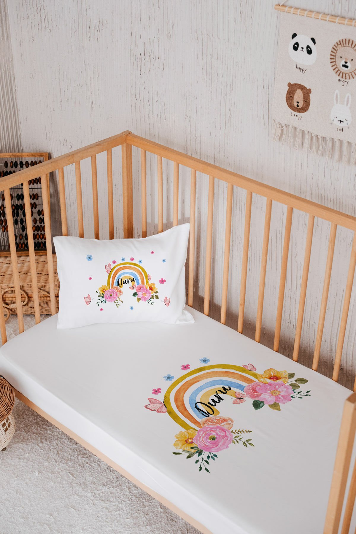 %100 Pamuk İsme Özel Park Yatak Çarşaf Seti (120x180) Gökkuşağı