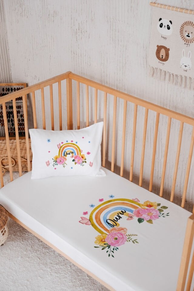 %100 Pamuk İsme Özel Park Yatak Çarşaf Seti (120x180) Gökkuşağı