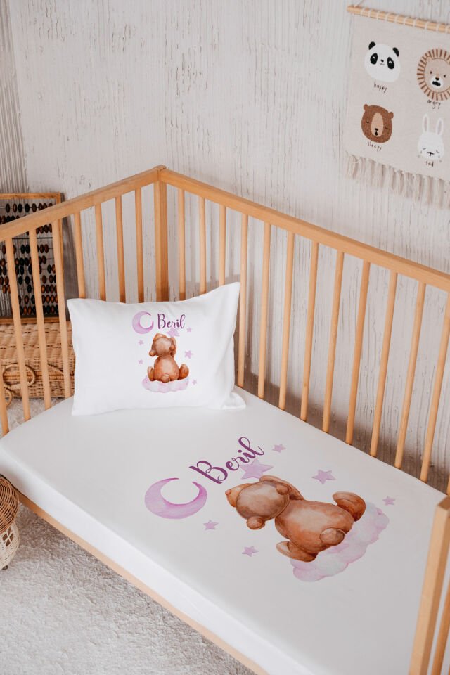 %100 Pamuk İsme Özel Park Yatak Çarşaf Seti (120x180) Ayıcık
