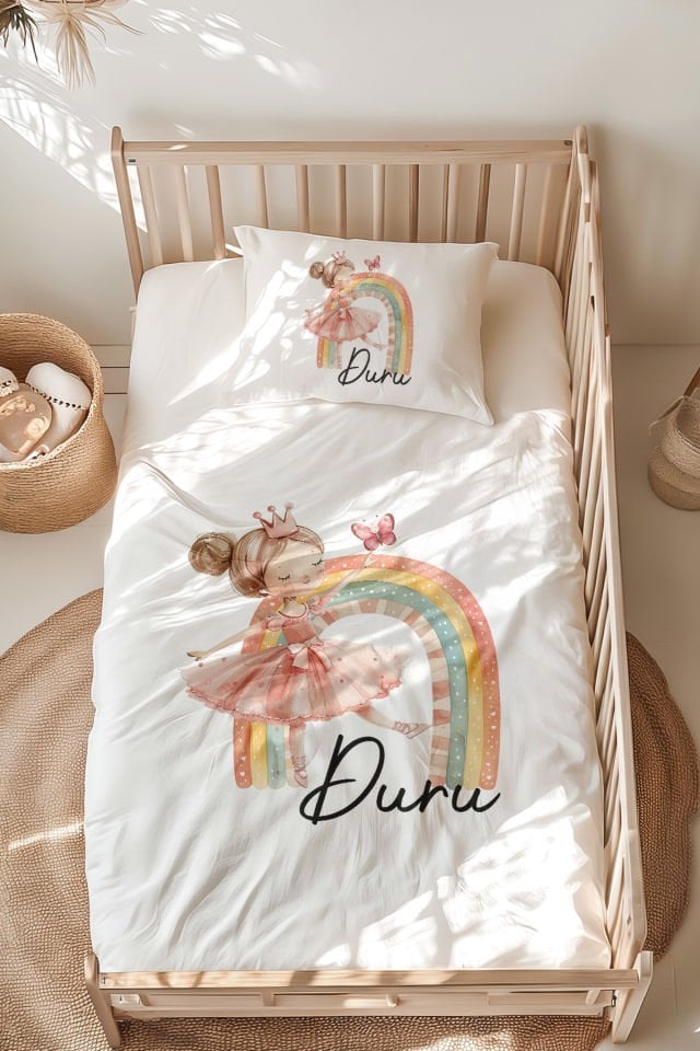 %100 Pamuk İsme Özel Montessori Yatak Nevresim Takımı (100x200 cm) Balerin ve Gökkuşağı