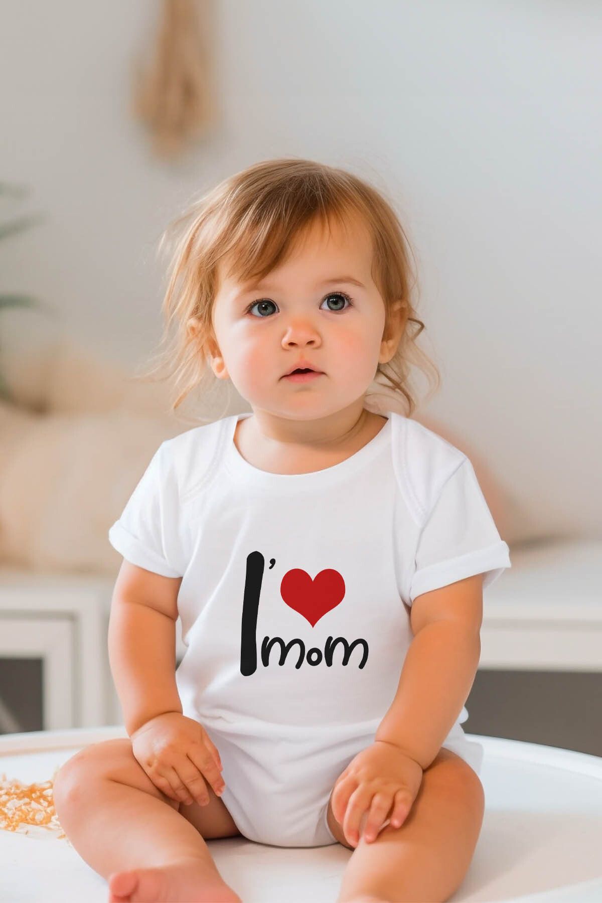 %100 Pamuk Kısa Kollu Bebek Body I Love Mom 0-3 AY - Beyaz