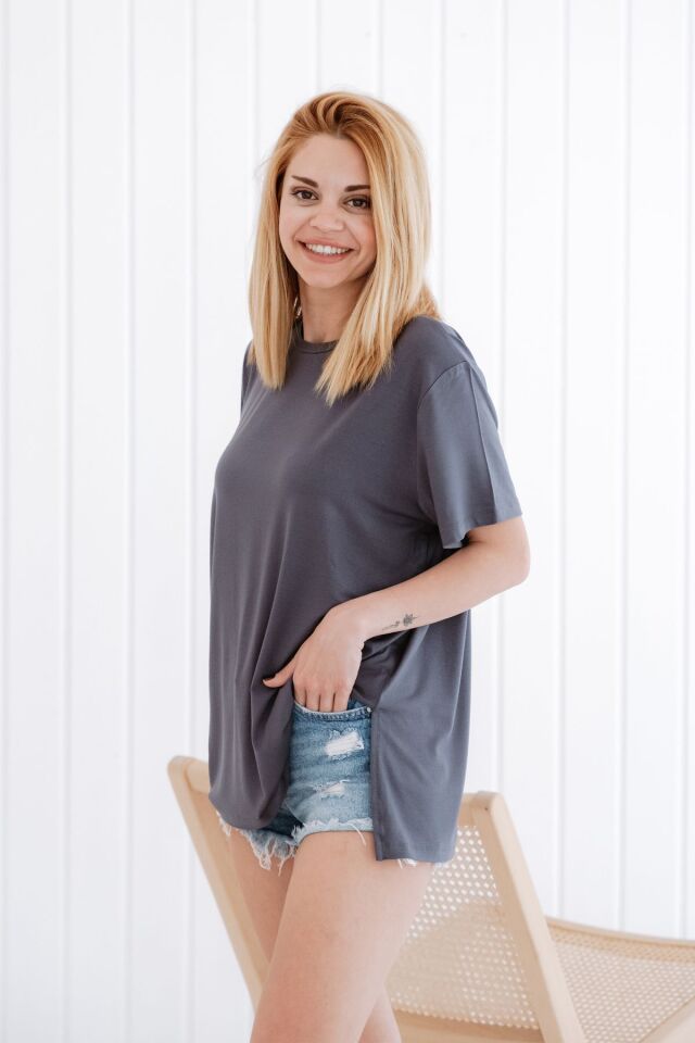 Bisiklet Yaka Loose Fit Modal T-shirt L - Siyah